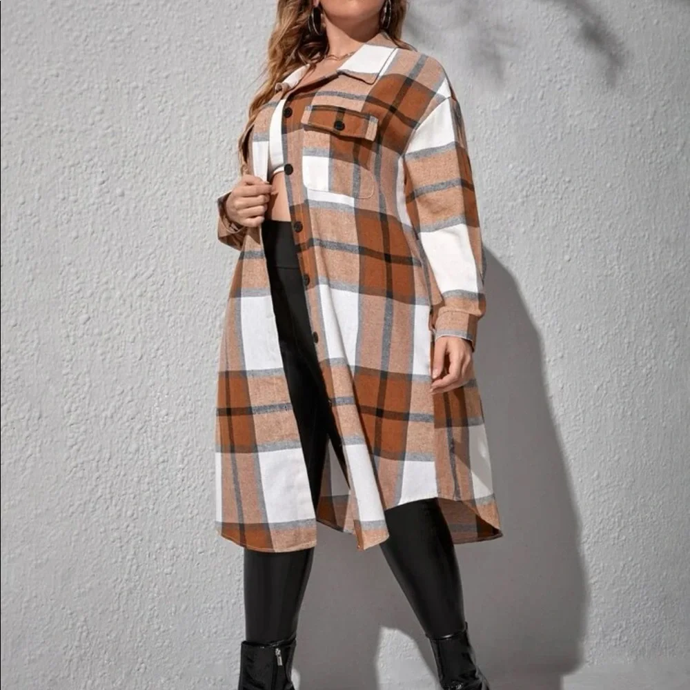 Plus Size Plaid Pocket Light Jacket Shacket Long Shirt Green BELT NOT INCLUDED - Picture 14 of 16